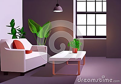 Illustration of a Modern Living Room with Cozy Accents and Plants Cartoon Illustration