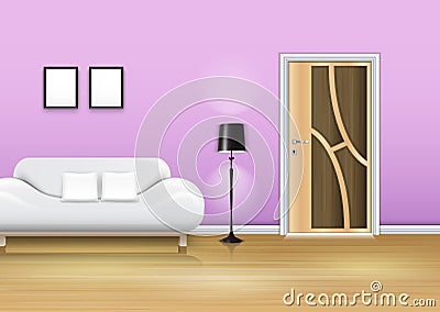 Modern living room with white sofa and pillows Vector Illustration