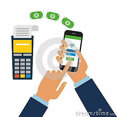 illustration of modern smartphone with processing of mobile payments from credit card on the screen. Online shopping concept Cartoon Illustration