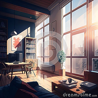 Illustration of a modern, well-lit apartment with large windows, Generative Ai Stock Photo