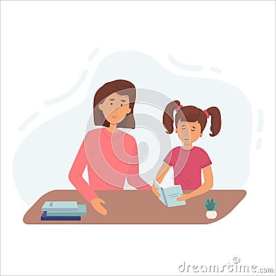 Illustration of a mom praising her daughter after he finished his homework. Lesson with mom or tutor Vector Illustration