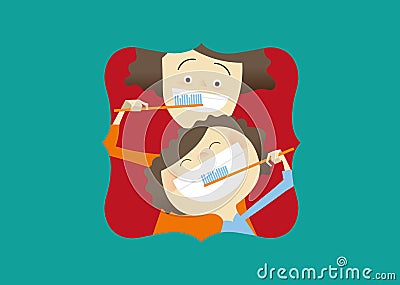 Illustration, mom and son brush their teeth Vector Illustration