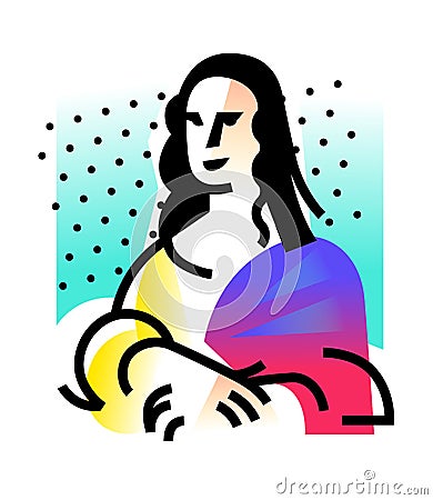 Illustration of the Mona Lisa. Icon of Gioconda, the artist Leonardo Davinci. Logo of a famous work, interpretation. Vector flat Vector Illustration