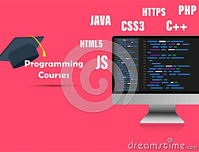 Illustration monitor and programming courses, online coding lessons. Vector EPS10 Editorial Stock Photo