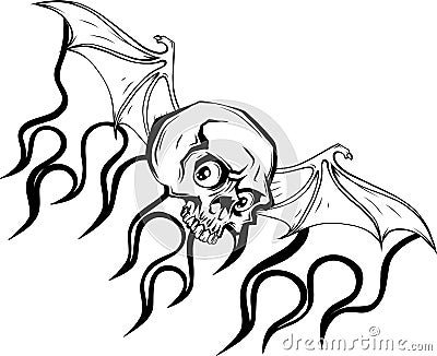 illustration of monochrome skull with bat wing on flames Vector Illustration