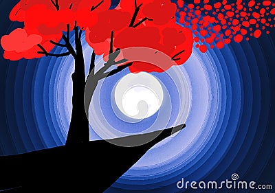 Illustration Of Moon With Red Flowers Tree. On Landscapes Background. Stock Photo