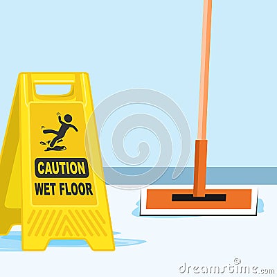 Mop And Sign Wet Floor Vector Illustration Vector Illustration