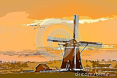 Geese flying against the sunset on the Dutch windmill illustration Stock Photo