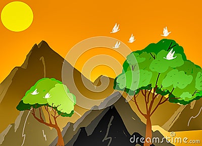 Illustration Of Sunrise , On Landscapes Background. Stock Photo