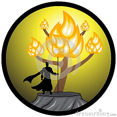 An Illustration of Moses and Burning Bush Sihouette Vector Illustration