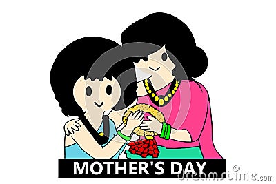 Illustration of mother and daughter. Cartoon asean Thailand for monthers day on white background Stock Photo
