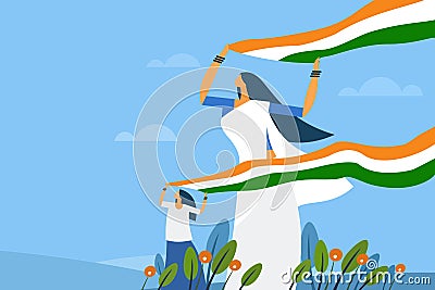A mother and daughter holding the Indian tricolour flag flying in the wind Vector Illustration