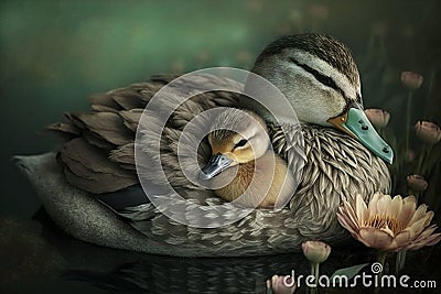 Adult mother duck cradling her duckling, generative Ai Stock Photo