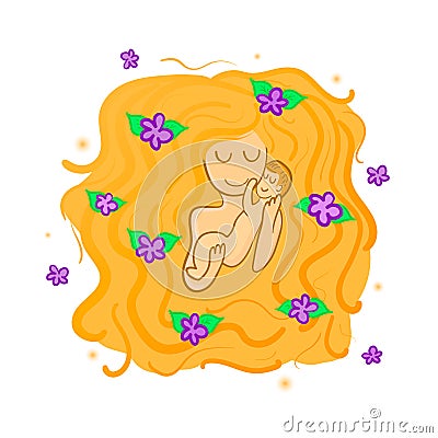 Illustration of a mother with flowers in her hair and a baby, symbolizing love and tenderness. Greeting card for Mother`s Day cel Vector Illustration