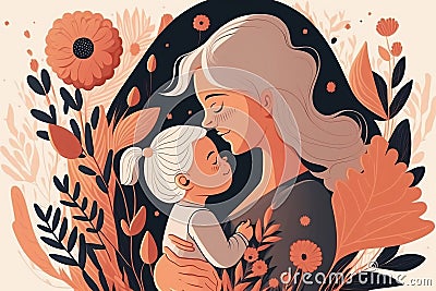 Illustration of mother with her little child, flower in the background. Concept of mothers day, mothers love, relationships. Stock Photo