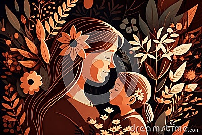 Illustration of mother with her little child, flower in the background. Concept of mothers day, mothers love, relationships. Stock Photo