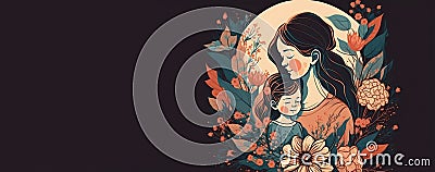 Illustration of mother with her little child, flower in the background. Concept of mothers day, mothers love, relationships. Stock Photo