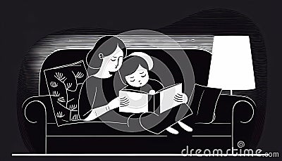 illustration mother mum reading fairy tale book to child daughter at home. Babysitter, nanny, caretaker babysitting with Cartoon Illustration