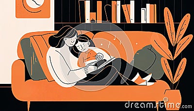 illustration mother mum reading fairy tale book to child daughter at home. Babysitter, nanny, caretaker babysitting with Cartoon Illustration