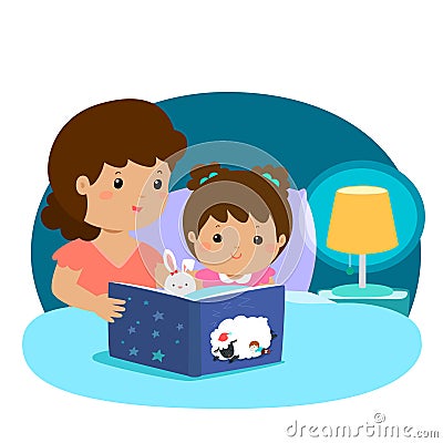 A illustration of a mother reading a bedtime story to her Vector Illustration