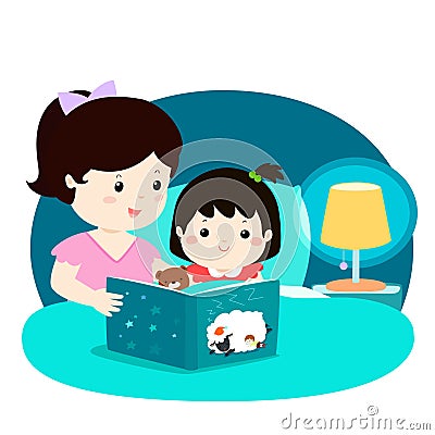 A illustration of a mother reading a bedtime story to her Vector Illustration