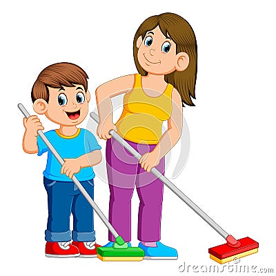 Mother and son cleaning the floor Vector Illustration