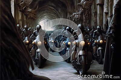 Motorcycle army in middle ages, digital illustration painting Cartoon Illustration