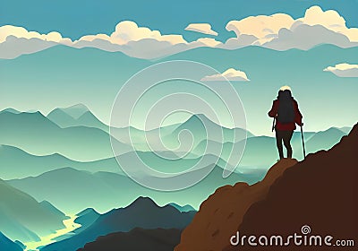 Illustration of A mountain climber's silhouette is set against a gorgeous mountain backdrop Stock Photo