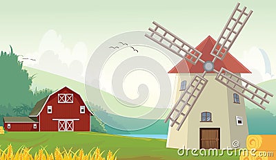 Illustration of Mountain countryside farm barn with windmill Vector Illustration