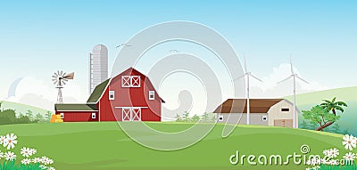 Illustration of Mountain countryside with red farm barn Vector Illustration