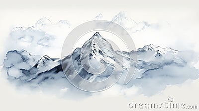 Hand-drawn Ink Wash Mountain Range With Clouds Illustration Cartoon Illustration