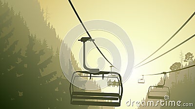 Illustration of mountain forest with ski lift. Vector Illustration