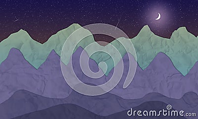 Illustrated night mountain landscape with moon and stars Stock Photo