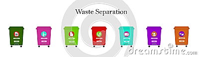 Multi-colored containers for separating waste into categories: plastic, paper, metal, glass, organic, electronics, batteries on a Vector Illustration