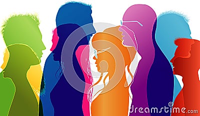 University students compared. Young people talking. Colored silhouette profiles. Vector multiple exposure Stock Photo