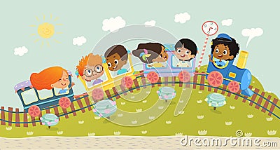 Illustration of the multiracial kids having trip on a train. School kids boys and girls laughing and traveling by Vector Illustration