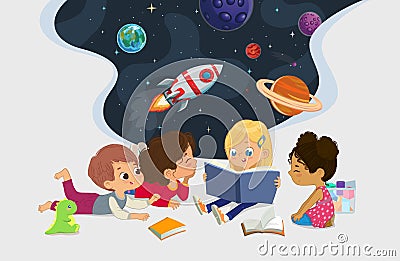 Illustration of multiracial kids sit in a circle on the floor and read the astronomy book. Imaging space, rockers stars Vector Illustration