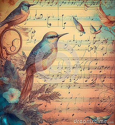 Illustration of music, notes and birdsong in pastel colors Stock Photo