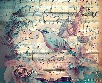 Illustration of music, notes and birdsong in pastel colors Stock Photo