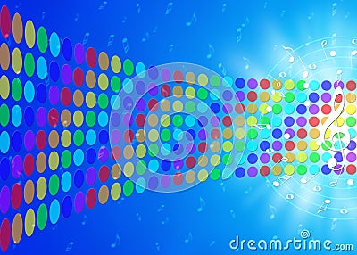 Music Notes and Rainbow Colorful Dots in Blurred Blue Background Stock Photo
