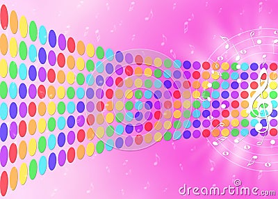 Music Notes and Rainbow Colors Dots in Blurred Pink Background Stock Photo