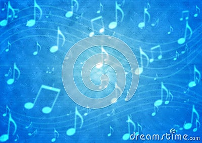 Abstract Music Notes Staff in Blurry Grungy Blue Background Stock Photo