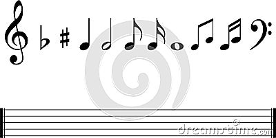 Musical notes symbols set with staves Vector Illustration