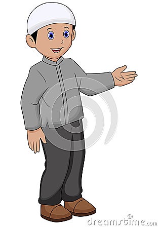 A Muslim boy waving his left hand on a white background Vector Illustration