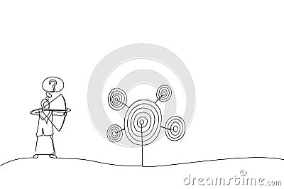 Illustration of muslim businesswoman with bow and arrow look at multiple targets and can not decide which target to shoot at. Vector Illustration