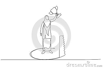 Illustration of muslim businesswoman holding trophy but get betrayed by someone. Continuous line art style Vector Illustration