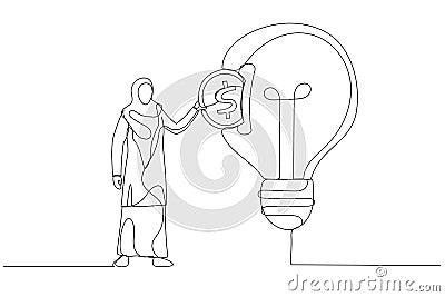 Illustration of muslim businesswoman putting dollar coin into slot in light bulb. Investing concept. Continuous line art Vector Illustration