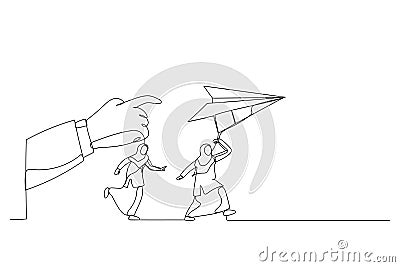 Illustration of muslim businesswoman run to paper plan. Metaphor for follow instruction. Single line art style Vector Illustration