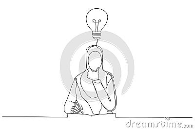 Illustration of muslim businesswoman thinking on productive ideas sitting at laptop and notepad for notes. Single continuous line Vector Illustration