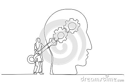 Illustration of muslim businesswoman with using wrench fixing gear cogwheels metaphor for change mindset attitude. Single Vector Illustration
